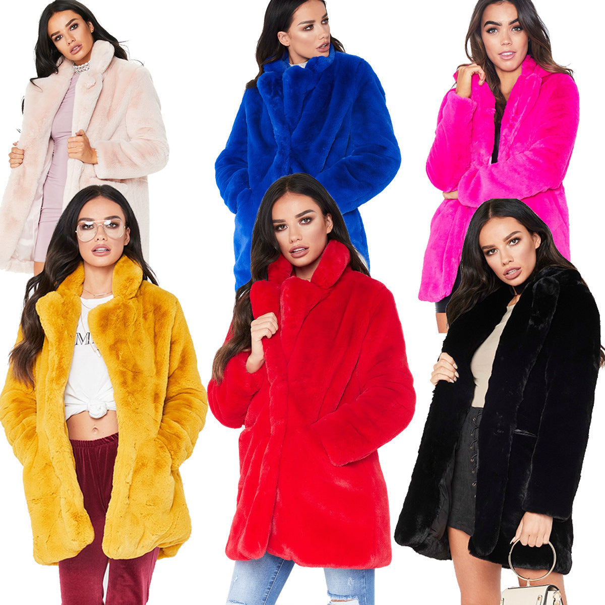 Women's Plus Size Faux Fur Coat - Long Sleeve Thick Winter Jacket in Black/Yellow/Rose Red (European & American Style)