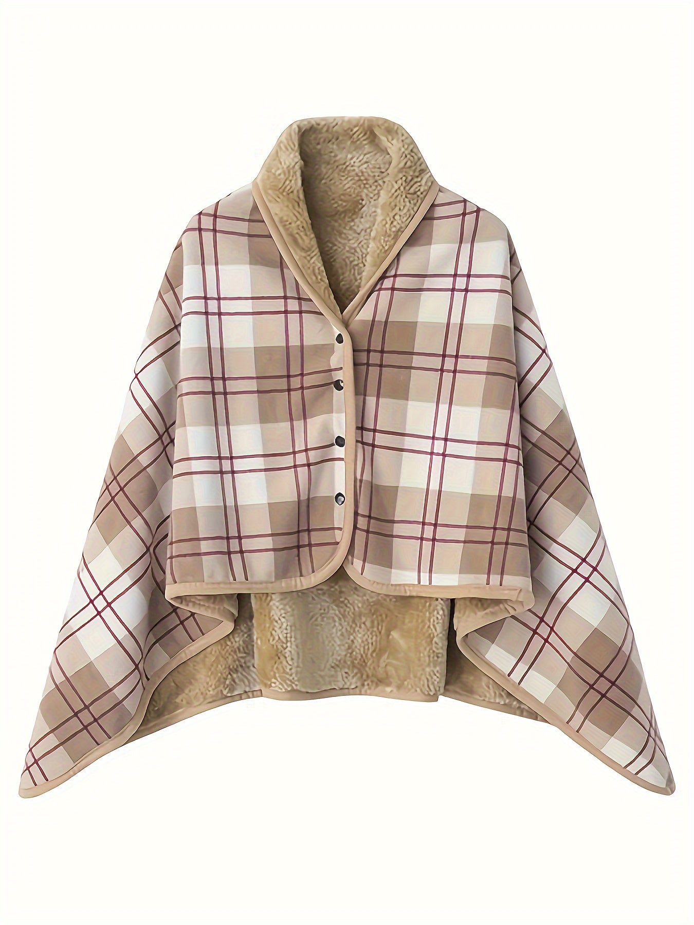 Women'S Casual Plaid Pajama Cape Blanket, V-Neck Sleeveless Knit Fabric with Button Detail, Polyester 100% Flannel, Medium Stretch, All-Season Loose Fit - Thick Heating Office Air-Conditioning Nap Blanket Lootquake LLC