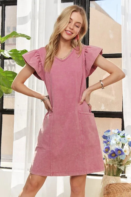 Mineral Washed V-Neck Ruffled Cap Sleeve Dress – Trendy, Comfortable, Playful, Unique Wash For Any Occasion Stevvex