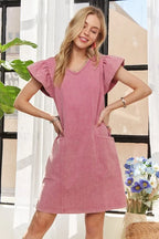 Mineral Washed V-Neck Ruffled Cap Sleeve Dress – Trendy, Comfortable, Playful, Unique Wash For Any Occasion Stevvex