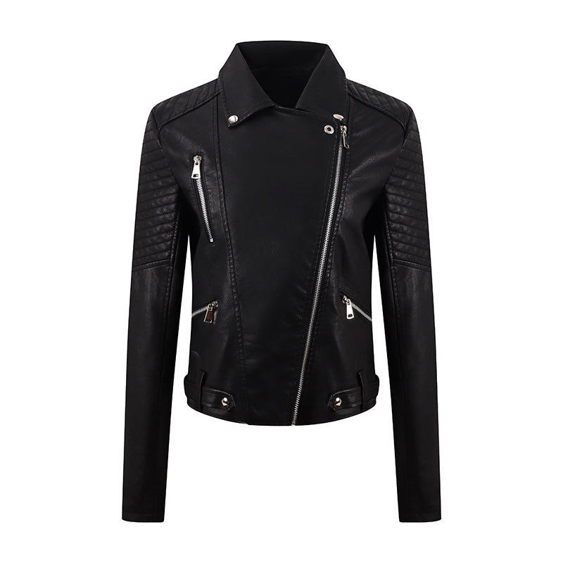 PU Women's Short Leather Oblique Pull Slim Motorcycle Clothing Washed Leather Jacket Pi-Mart
