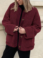 Modern Cozy Women Luxuriously Cozy Contrast Button Up Sherpa Jacket with Pockets For Fall & Winter Stevvex