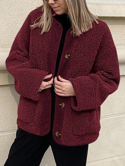 Modern Cozy Women Luxuriously Cozy Contrast Button Up Sherpa Jacket with Pockets For Fall & Winter Stevvex