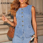 KADUWAKI Slim Denim Waistcoat Jeans 2pc Women Elegant Single Breasted O Neck Vest Wide Leg Pants Spring Lady High Street Outfits Purplish Diva