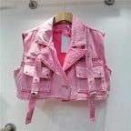 Retro Pink Large Pocket Denim Suit Spring Summer Sleeveless Short Vest High Waist Hip Wrapped Skirt 2 Pieces Sets Women Outfits Purplish Diva