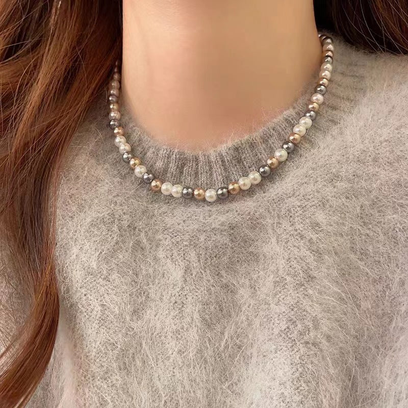 Womens Mixed-Color Glass Pearl Necklace Jewelry Pi-Mart