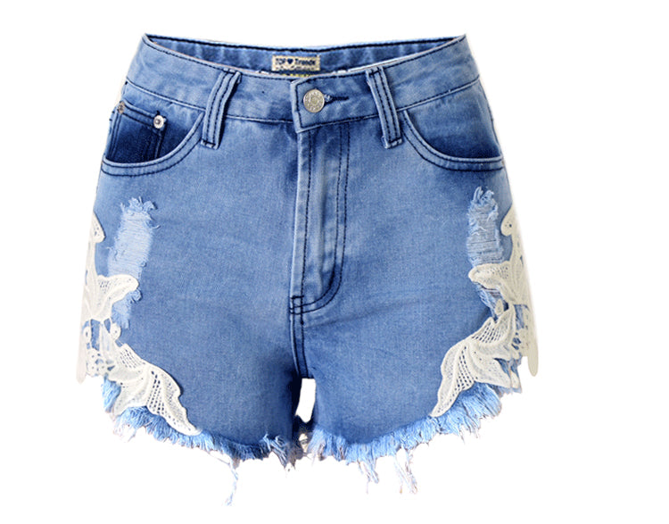 Women's Cutoff Pocket Distressed Ripped Jean Denim Shorts Lace Beach Vacation Bohemian Western Hot Pants - SJB-DIAMOND ELITES