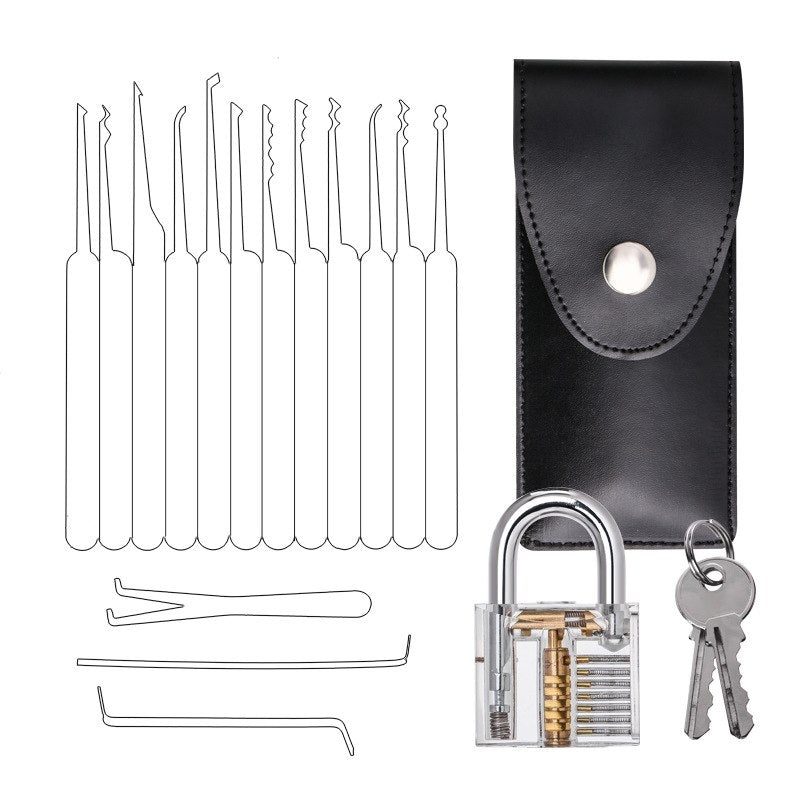 Locksmith Hand Tools Lock Pick Set Transparent Visible Cutaway Practice Padlock With Broken Key Removing Hooks 15pcs set Pi-Mart