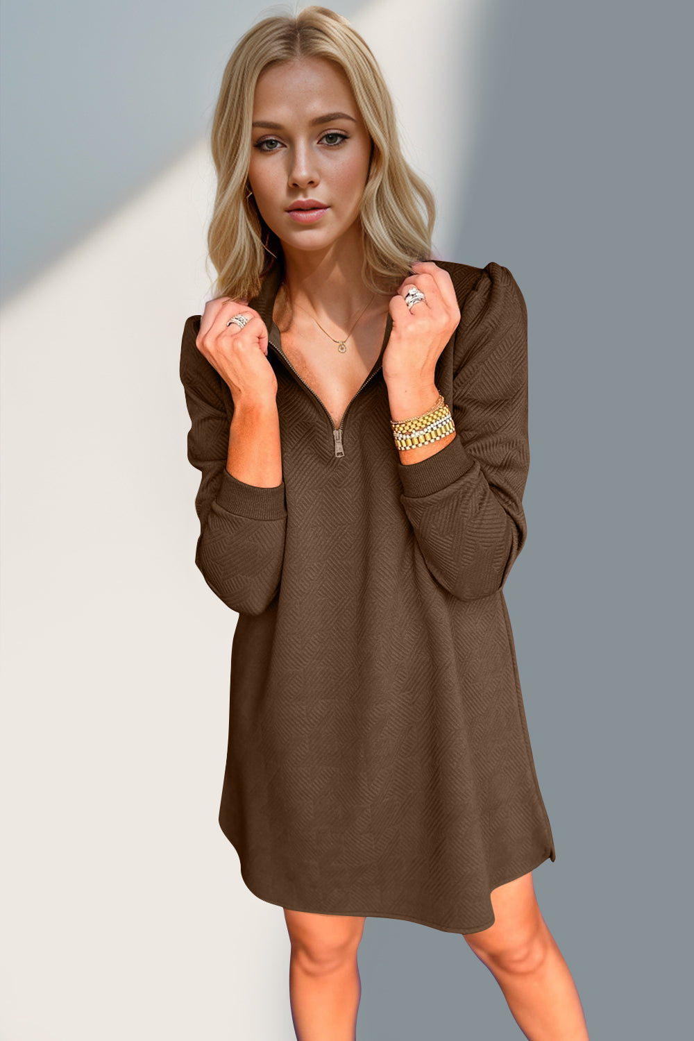 Double Take Textured Zip Long Sleeve Dress Classic Zip-Up Dress for Women Comfortable Outdoor Dress Stevvex