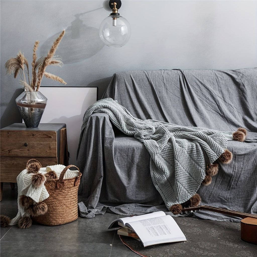 Vintage Chunky Knit Throw Blanket with Pom-pom Embellishment, Space Theme, All Seasons Polyester Cover, Knitted Casual Office Living Room Bedroom Nap Sofa Bed End Blanket 1PC Lootquake LLC