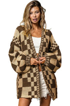 Taupe Colorblock Checked Open Front Knitted Cardigan