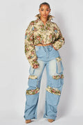 Women Tracksuit Pant Sets Zipper Cardigan Tops Print Zipper Fly Straight Ankle Length Denim Pants Jean Loose Matching Sets Y2k Purplish Diva