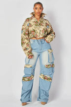 Women Tracksuit Pant Sets Zipper Cardigan Tops Print Zipper Fly Straight Ankle Length Denim Pants Jean Loose Matching Sets Y2k Purplish Diva