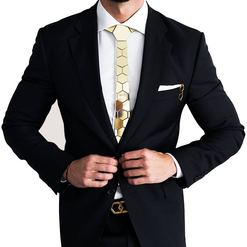 Stitching Geometric Plaid Gold Tie Men's Suit Clothing Lootquake LLC
