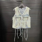 WTHT Vintage 2025 Summer Women's Bandage Single-breasted Denim Vest Fashion High-waisted Loose Wide Leg Jeans Female 1LS1482 Purplish Diva