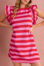 Black Stripe Flutter Sleeve Round Neck Shift Mini Dress