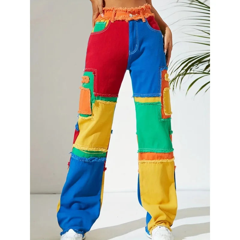 Distressed Color Patchwork Women Denim Pants Fringe High Waist Zipper Fly Jeans 2023 Fall Winter Y2K Streetwear Sexy Club Outfit Purplish Diva