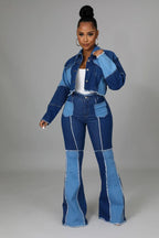 Women's Matching Set Denim Patchwork Vintage Short Jacket and Flare Pant Two Piece Set Outfit Autumn Casual Y2K Fashion Sets Purplish Diva