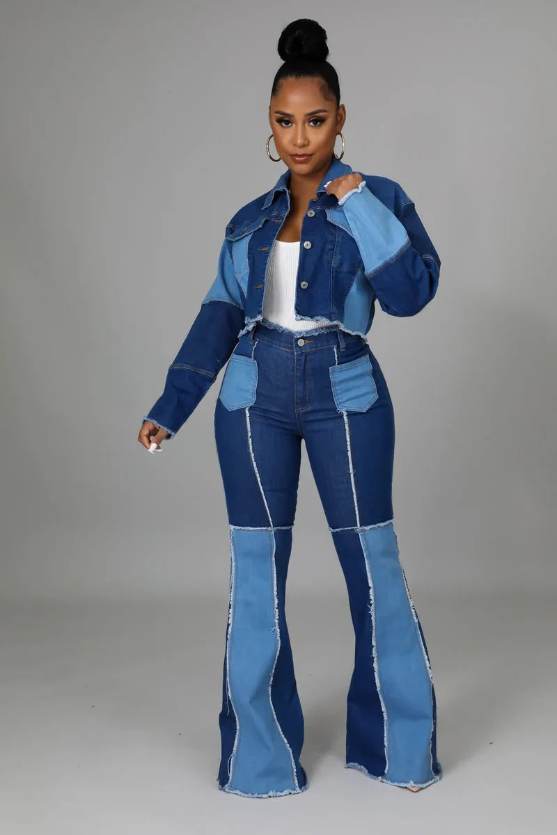 Women's Matching Set Denim Patchwork Vintage Short Jacket and Flare Pant Two Piece Set Outfit Autumn Casual Y2K Fashion Sets Purplish Diva