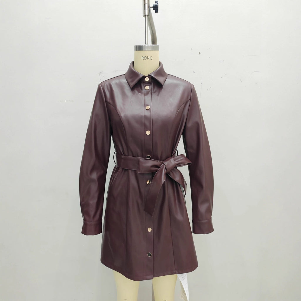 Belted Long-sleeve Leather Trench Fashionable Women's Coat Pi-Mart