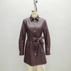 Belted Long-sleeve Leather Trench Fashionable Women's Coat Pi-Mart