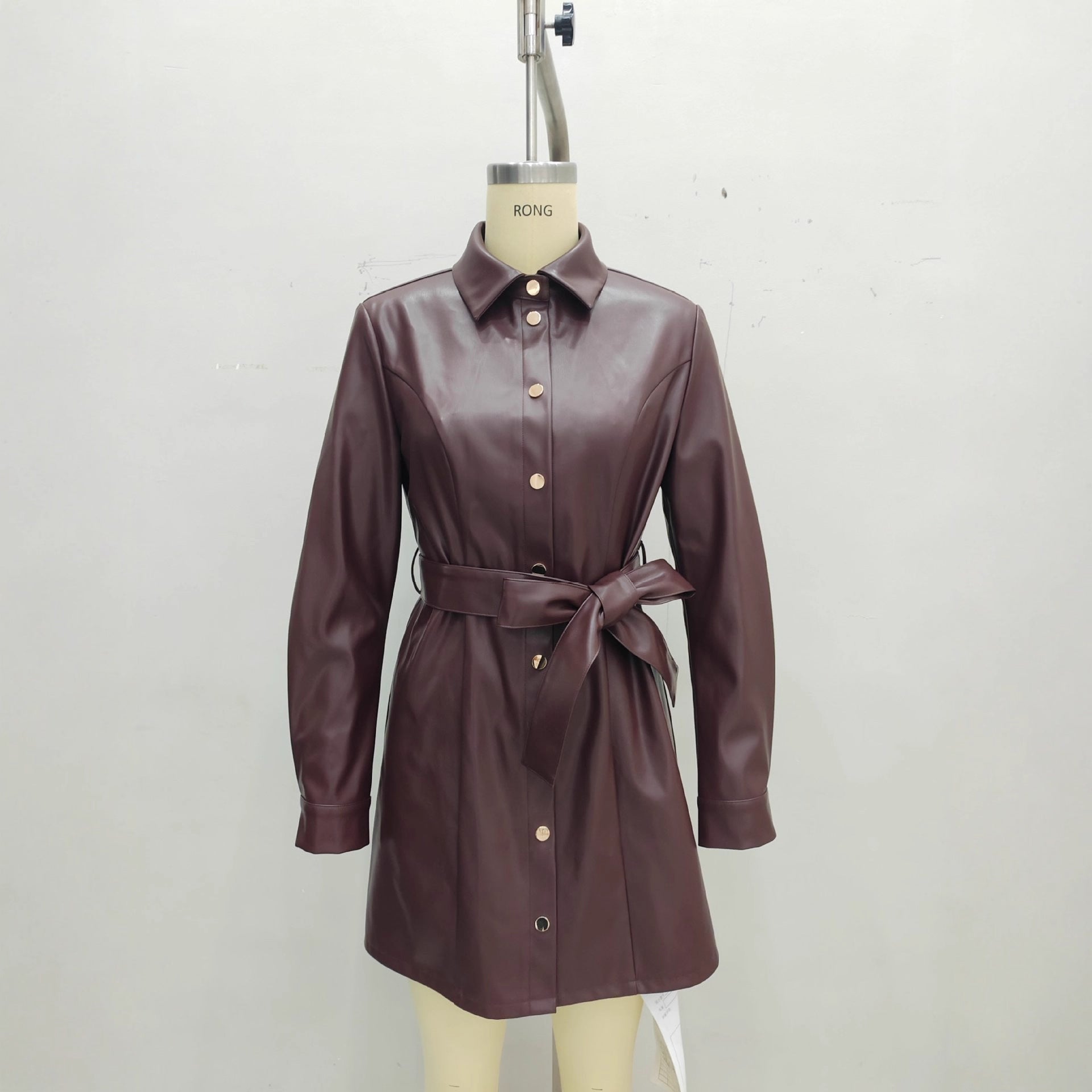 Belted Long-sleeve Leather Trench Fashionable Women's Coat Pi-Mart