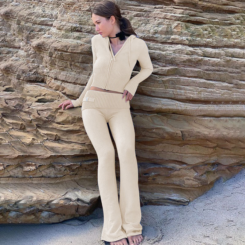 2pcs Knitted Hooded Suits Women's Long-sleeved Cardigan And High Waisted Trousers Clothing Pi-Mart