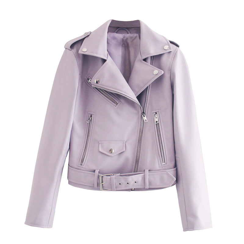 Street Handsome Belt Motorcycle Leather Ladies Jacket Pi-Mart