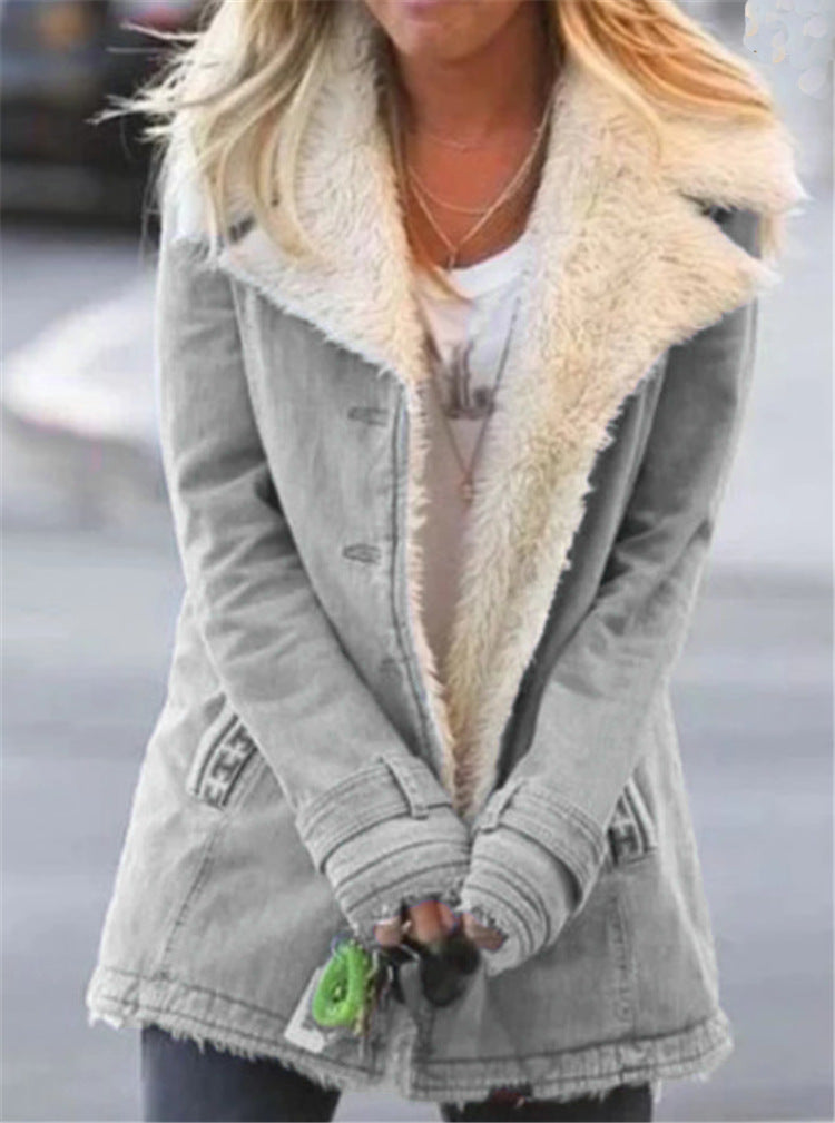 Women Plus Size Warm Coats Composite Plush Button Lapels Jacket Outwearcoat Pi-Mart