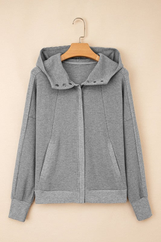 Waffle Zip Up Snap Button Hooded Jacket THRIXINE