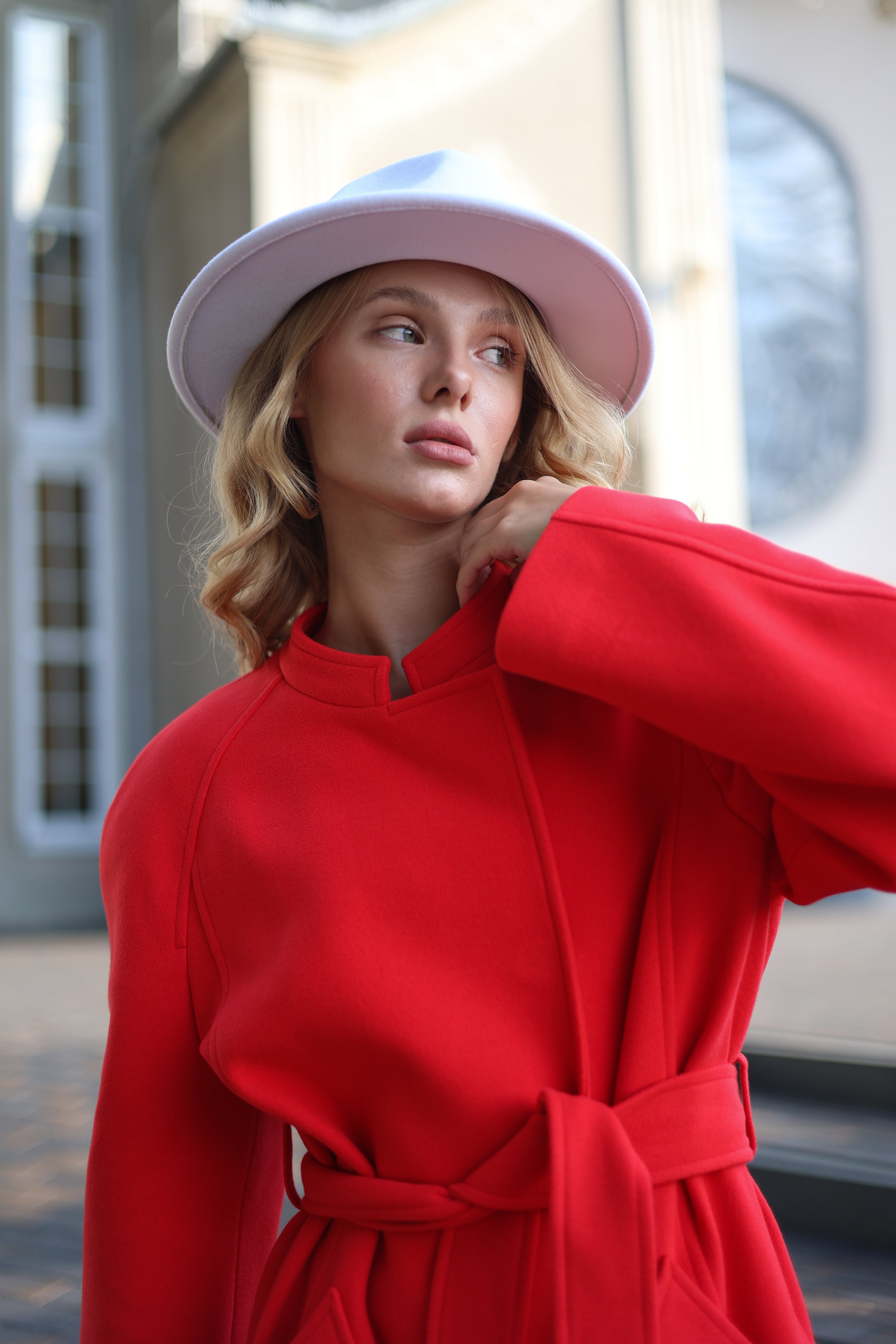Band Collar Wool Blend Coat in Red - SJB-DIAMOND ELITES