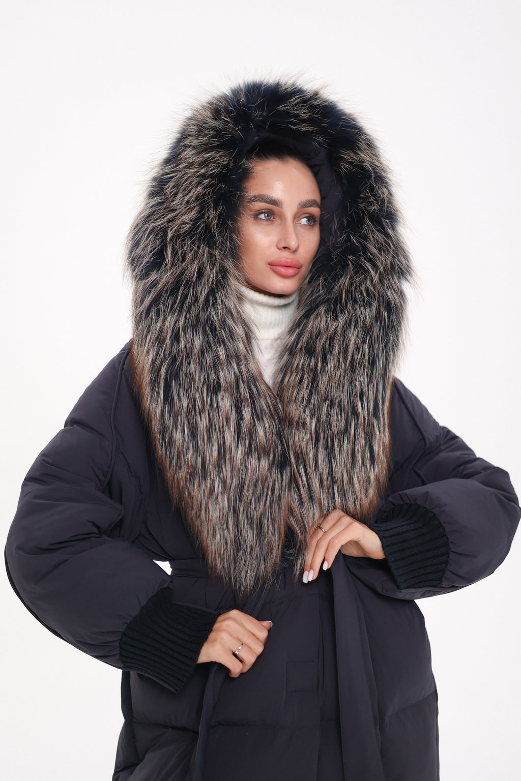 Rei Genuine Fur Trim Hooded Down Coat in Navy - SJB-DIAMOND ELITES