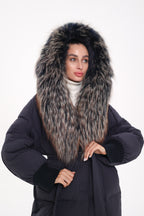 Rei Genuine Fur Trim Hooded Down Coat in Navy - SJB-DIAMOND ELITES