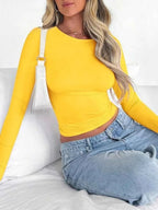 Solid Color Round Neck Long Sleeve T-Shirt THRIXINE