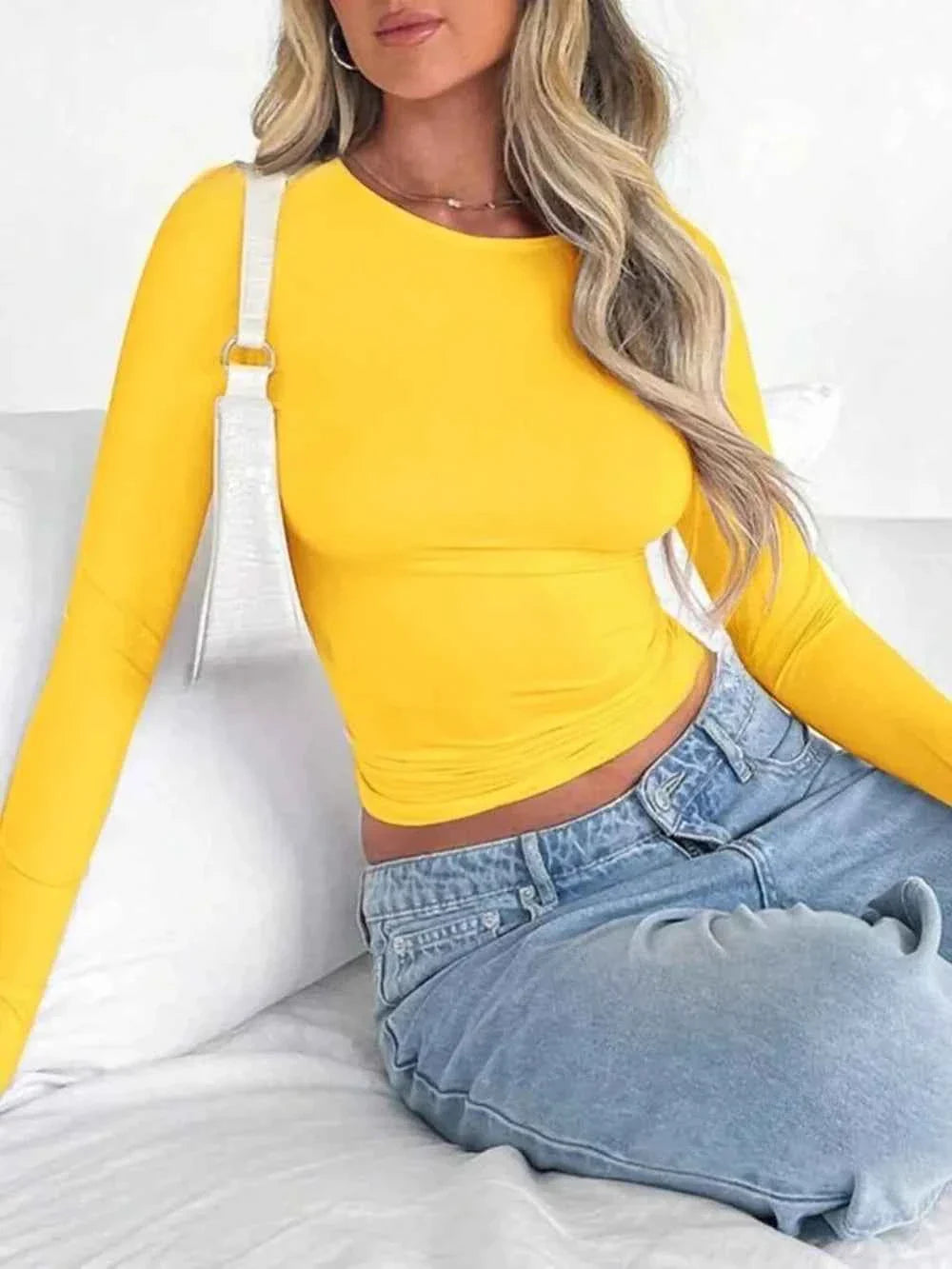 Solid Color Round Neck Long Sleeve T-Shirt THRIXINE