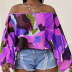 Ladies' Fashionable And Casual Off Shoulder Printed Lantern Sleeves, Loose And Comfortable Versatile T-shirt Top - SJB-DIAMOND ELITES