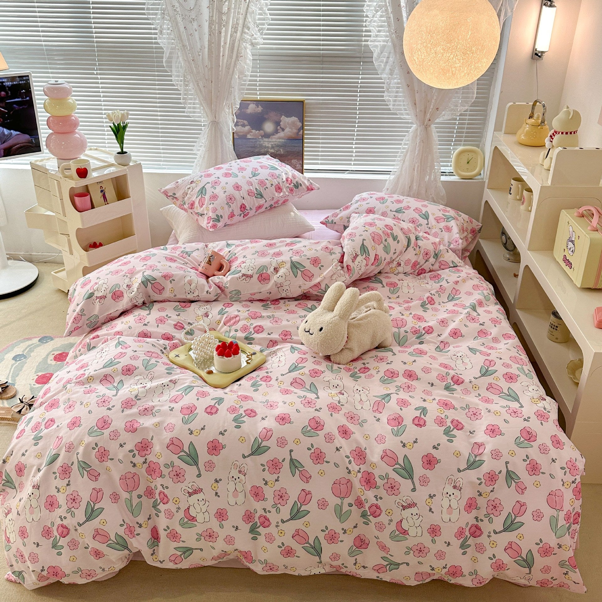 Cute Floral Rabbit Cotton Four-piece Set Pastoral Cotton Quilt Cover Bed Sheet Three-piece Set Pi-Mart