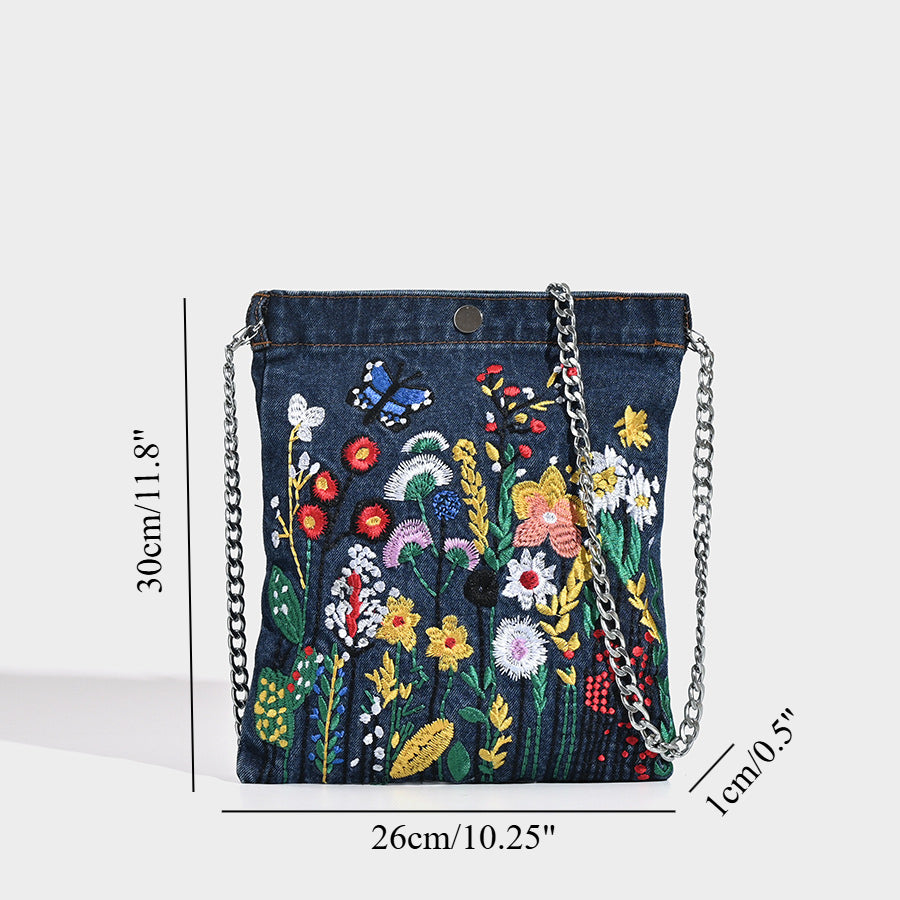 Mini embroidered denim bag, Street stylish student flower three-dimensional shoulder bag, design underarm bag - SJB-DIAMOND ELITES