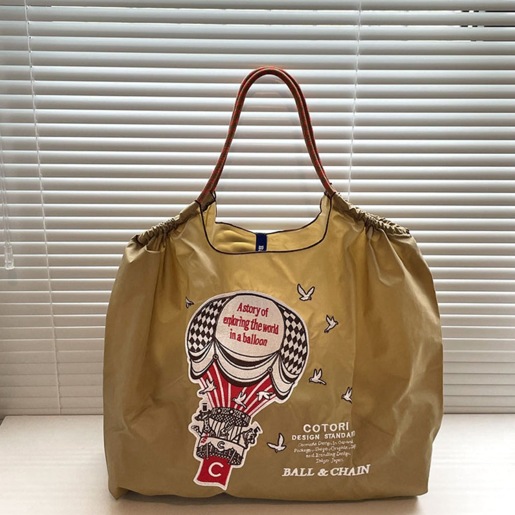 Simple hot air balloon pattern tote bag, embroidered eco-friendly cloth bag for women, nylon portable shoulder bag - SJB-DIAMOND ELITES