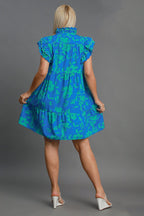 Blue Full Size Two-Tone Floral Print Ruffle Cap Sleeve Mini Dress Plus Size Elegant Dress