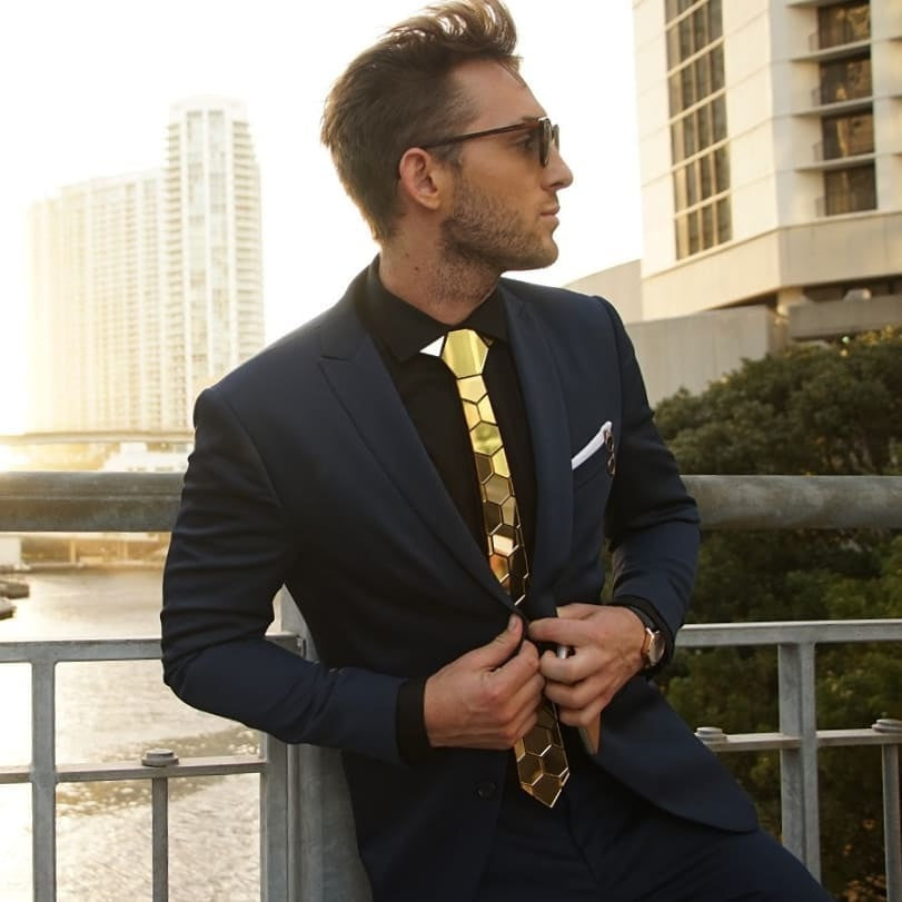 Stitching Geometric Plaid Gold Tie Men's Suit Clothing Lootquake LLC