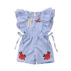Summer Toddler Baby Girl Romper/ jumpsuit Short Petal Sleeve Elastic Waist Floral Print Striped Blue Lace Dress