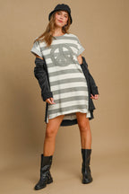 Peace Applique Striped Short Sleeve Mini Dress – Fun Peace Sign Applique, Chic Stripes, and High-Low Hem for Stylish Comfort Stevvex