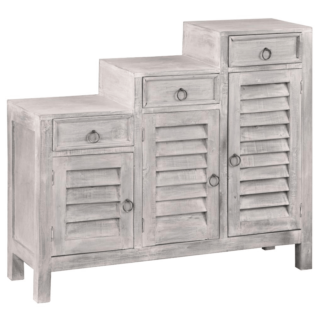 Cottage Three-Tiered Distressed Light Gray Shutter Cabinet Lootquake LLC