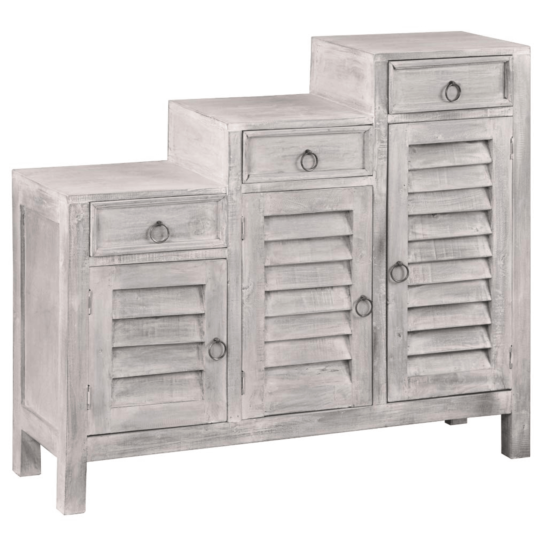 Cottage Three-Tiered Distressed Light Gray Shutter Cabinet Lootquake LLC