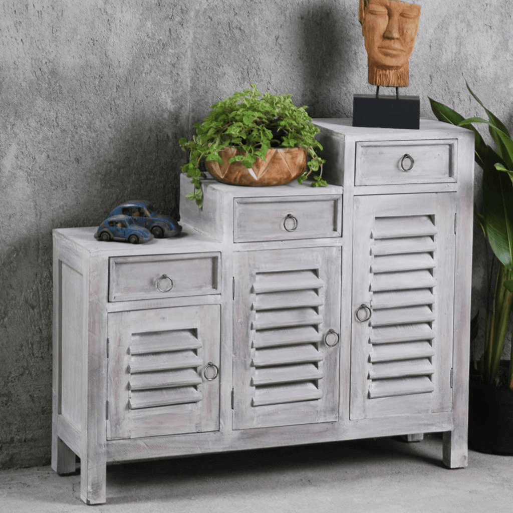 Cottage Three-Tiered Distressed Light Gray Shutter Cabinet Lootquake LLC