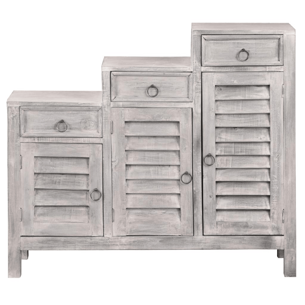 Cottage Three-Tiered Distressed Light Gray Shutter Cabinet Lootquake LLC