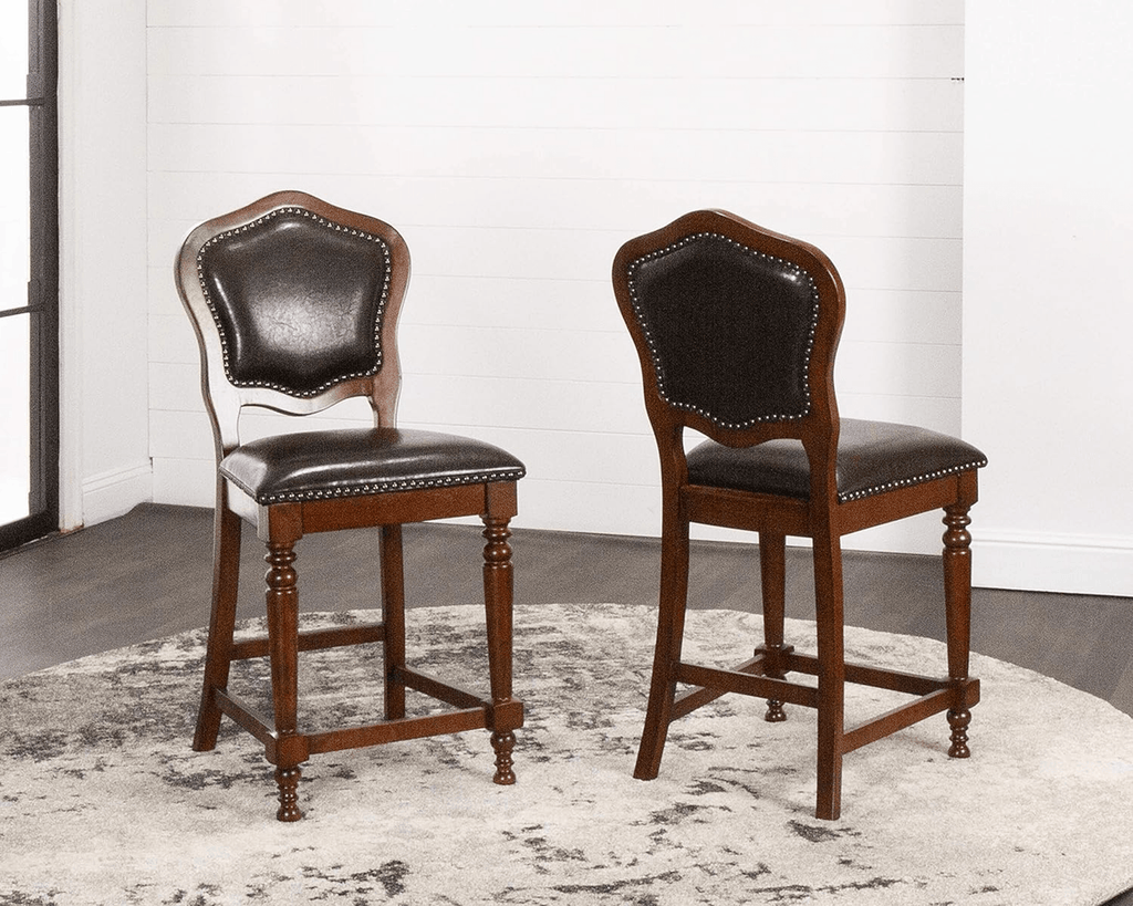 Bellagio Upholstered Barstools With Backs - Distressed Cherry Brown Wood, Set Of 2 Lootquake LLC