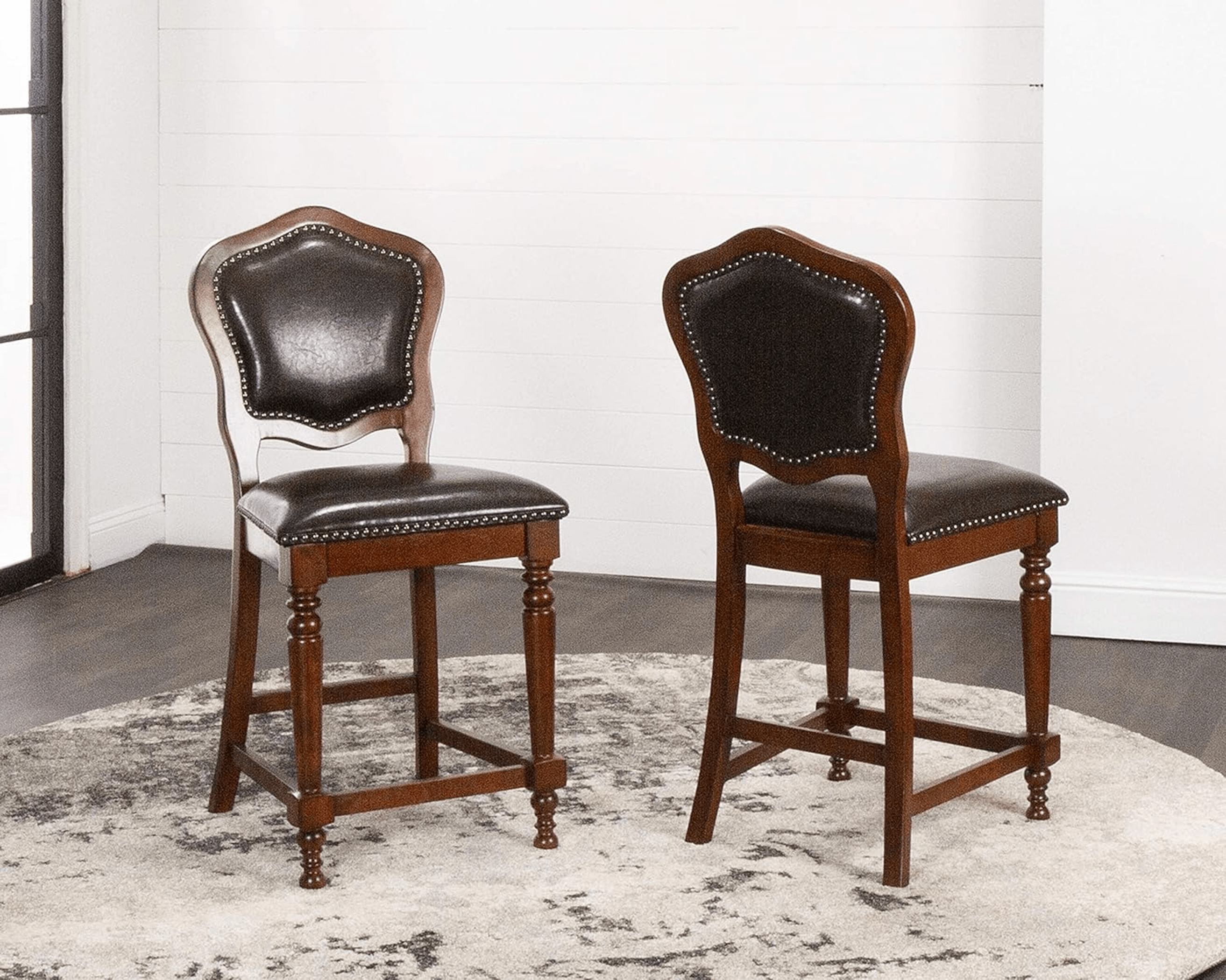 Bellagio Upholstered Barstools With Backs - Distressed Cherry Brown Wood, Set Of 2 Lootquake LLC