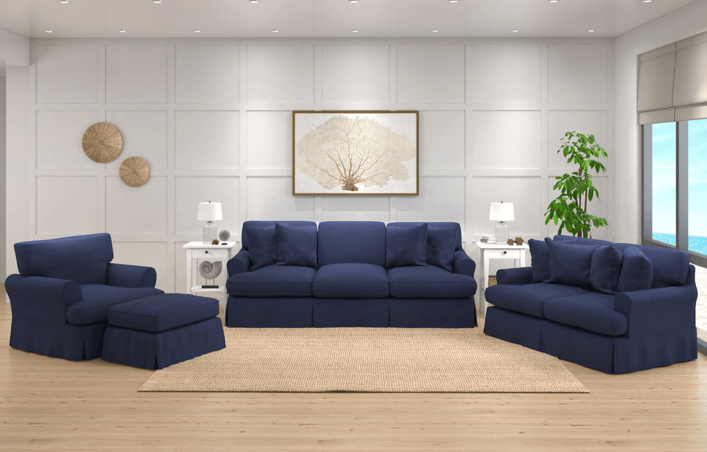 Sunset Trading Americana Navy Blue Box Cushion Slipcovered Ottoman Lootquake LLC